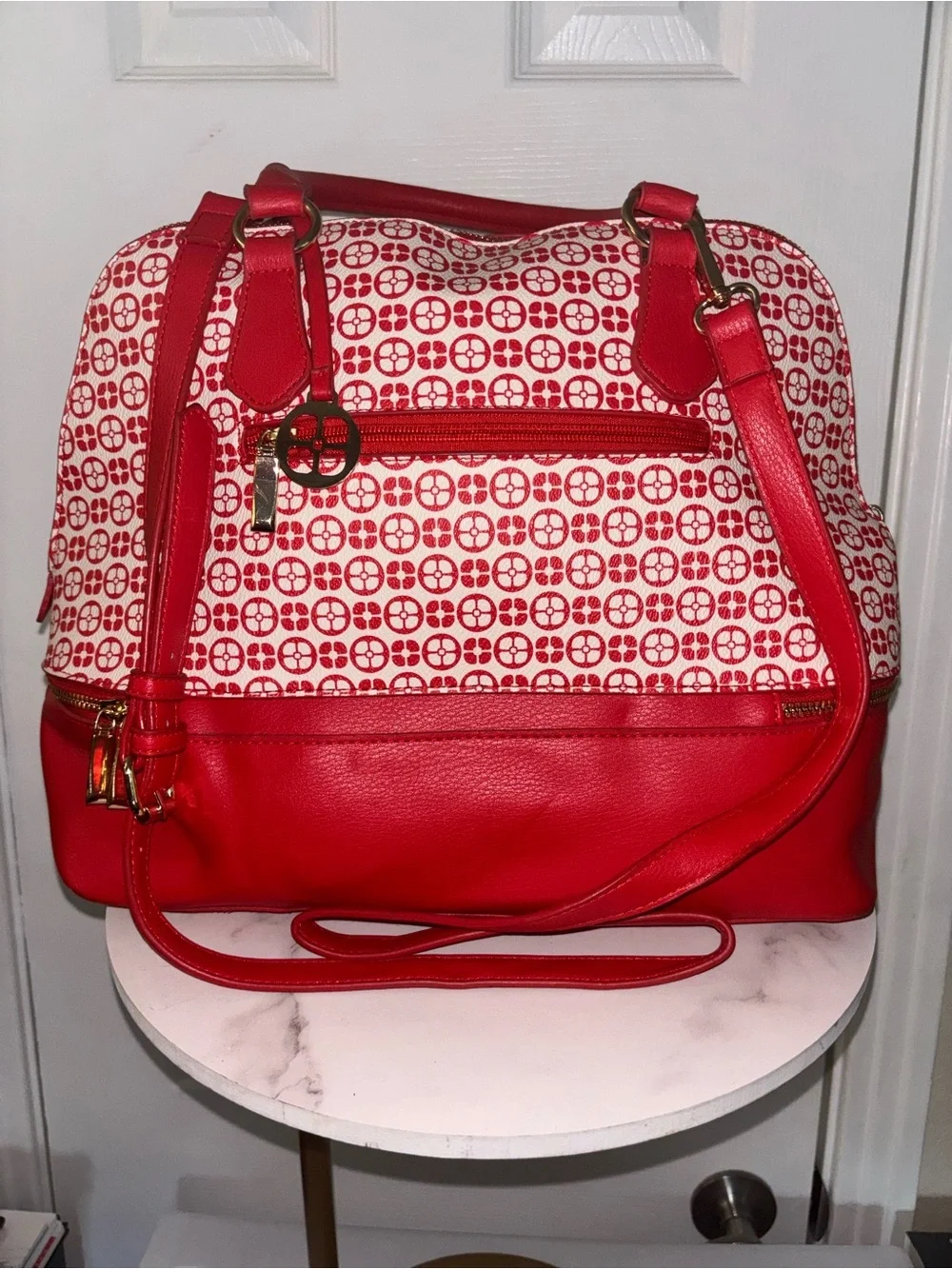IMAN Red and White Patterned Shoulder Satchel